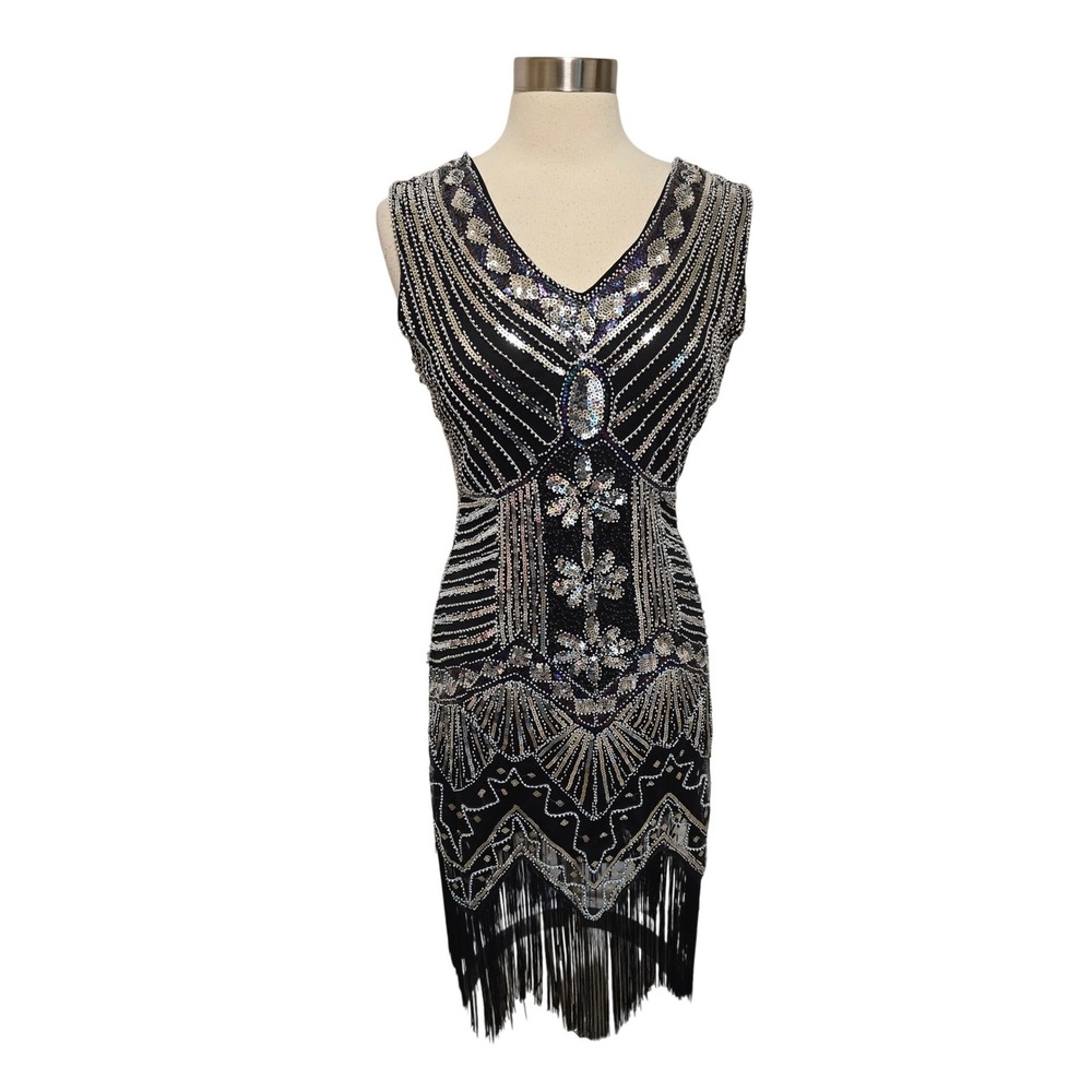 Womens Art Deco Flapper Gatsby Style Dresses Clothing Black Silver Size Large